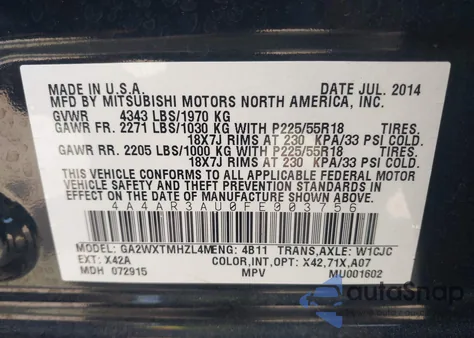 2015 Mitsubishi Outlander Sport Es z USA, uszkodzony, nr VIN 4A4AR3AU0FE003756